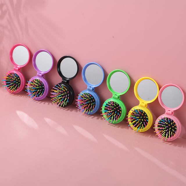 Beauty Accessories Custom Rainbow Colour Round Shape Pocket handheld Dressing Mirror with comb oem factory