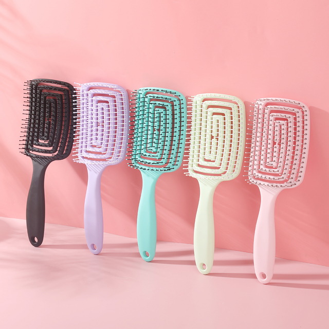 Custom Logo Massage Hollow Back Comb Fluffy Hair Wet And Dry Dual Use Rectangle Shape Big Curved Detangling Hair Brush For Women