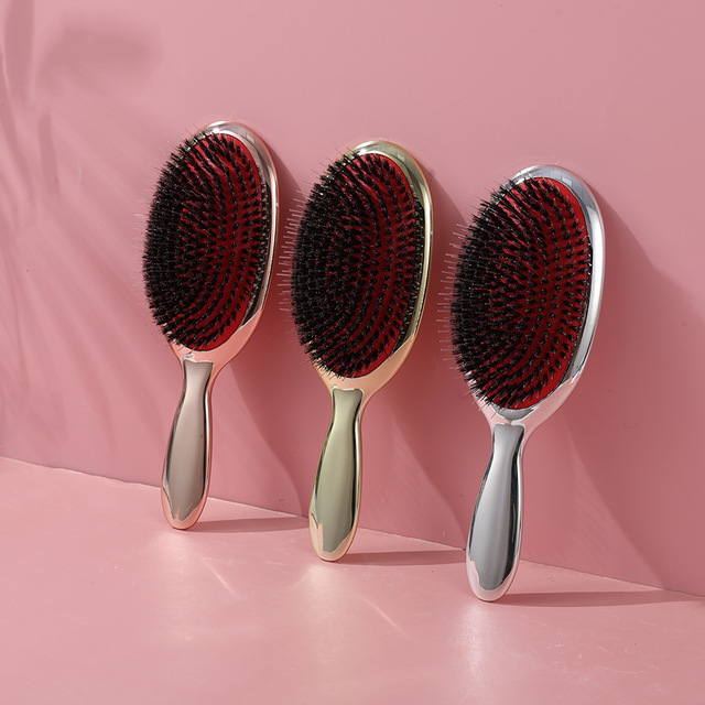 Custom Logo Detangling Natural Boar Bristle Paddle Brush Electroplating Gold Salon Wave Comb HairBrushes for Scalp Massage supplier