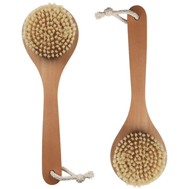 Natural Wooden Boar Bristle Exfoliating Shower Body Dry Bath Brush with Long Handle And Rope Supplier